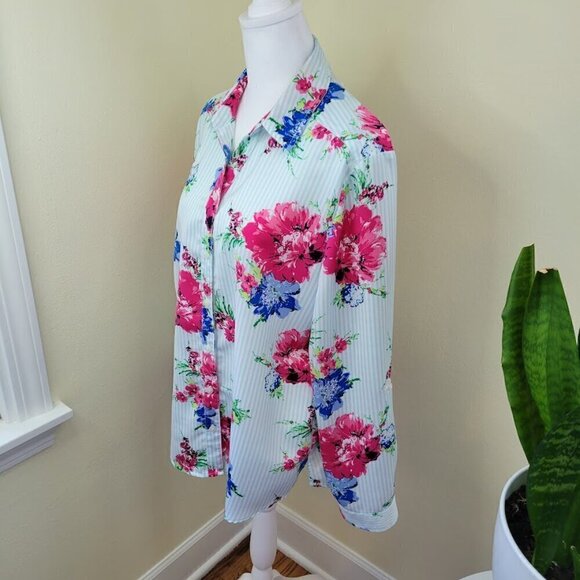 Chico’s Striped Floral Print Blouse Roll Tab Sleeve Pink Blue Women’s Size L - Picture 3 of 13